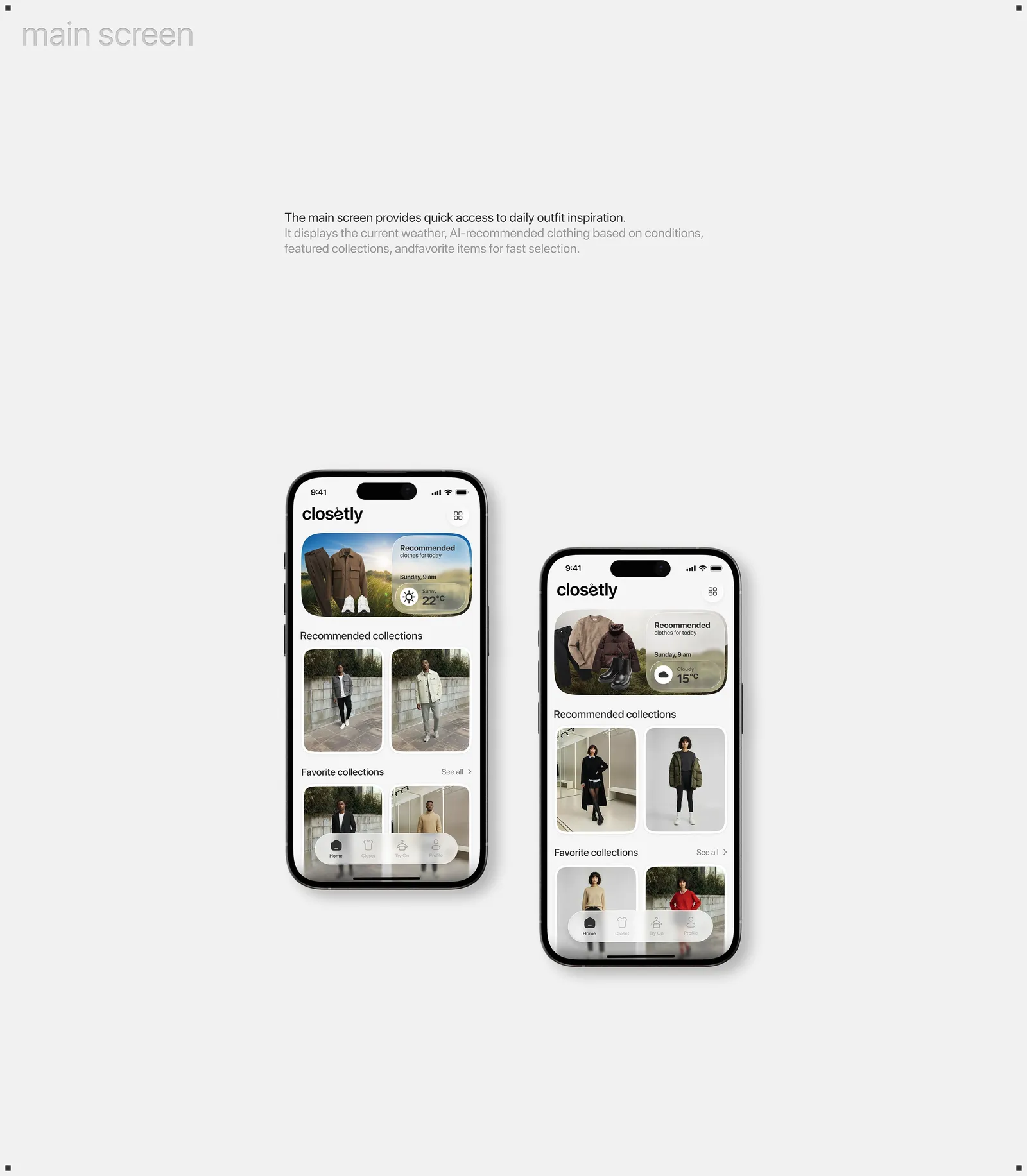 Closely app — main screen with weather-based outfit recommendations