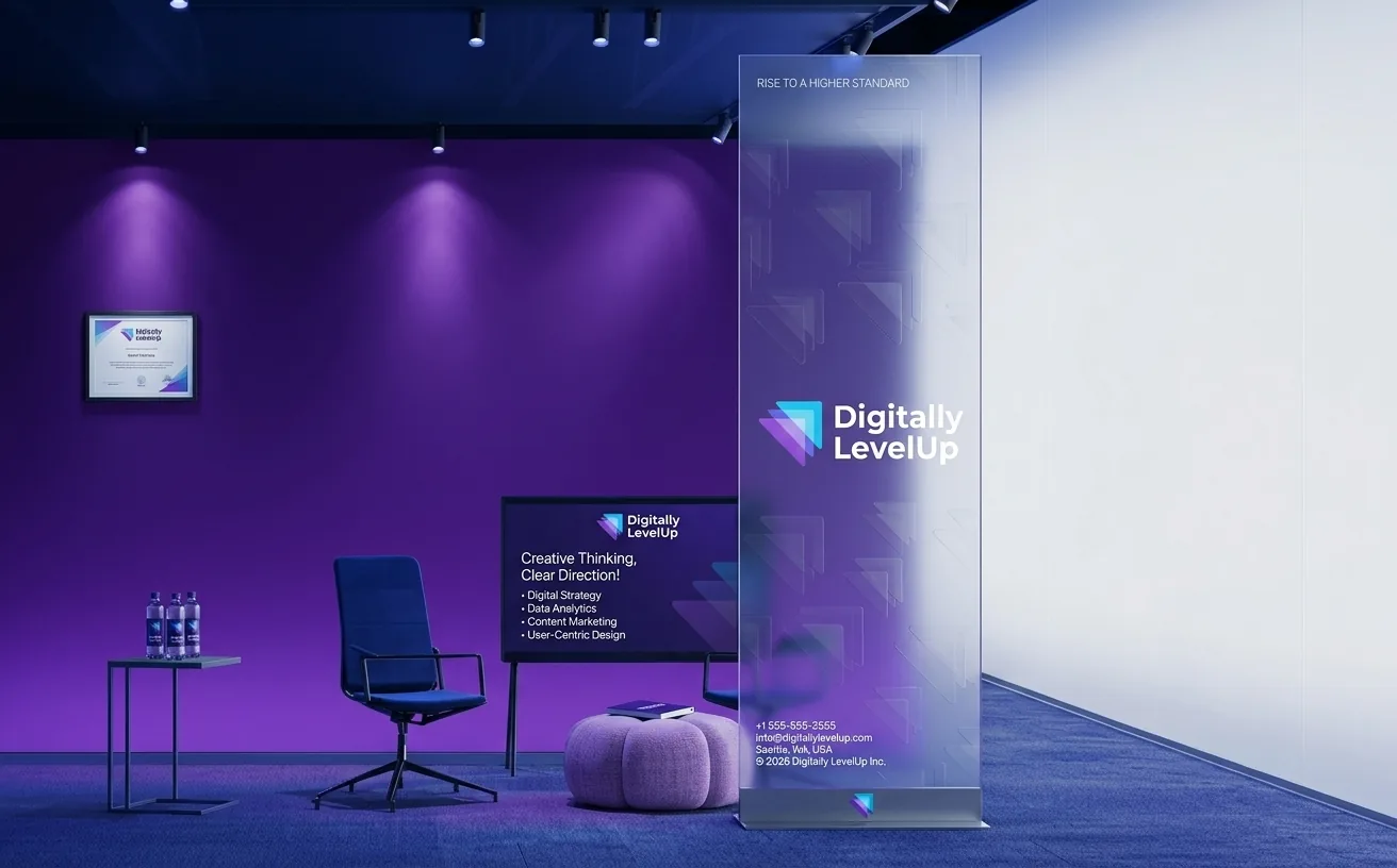 Digitally LevelUp branded office and roll-up banner design