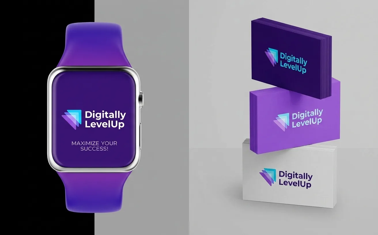 Digitally LevelUp business card and smartwatch brand mockups