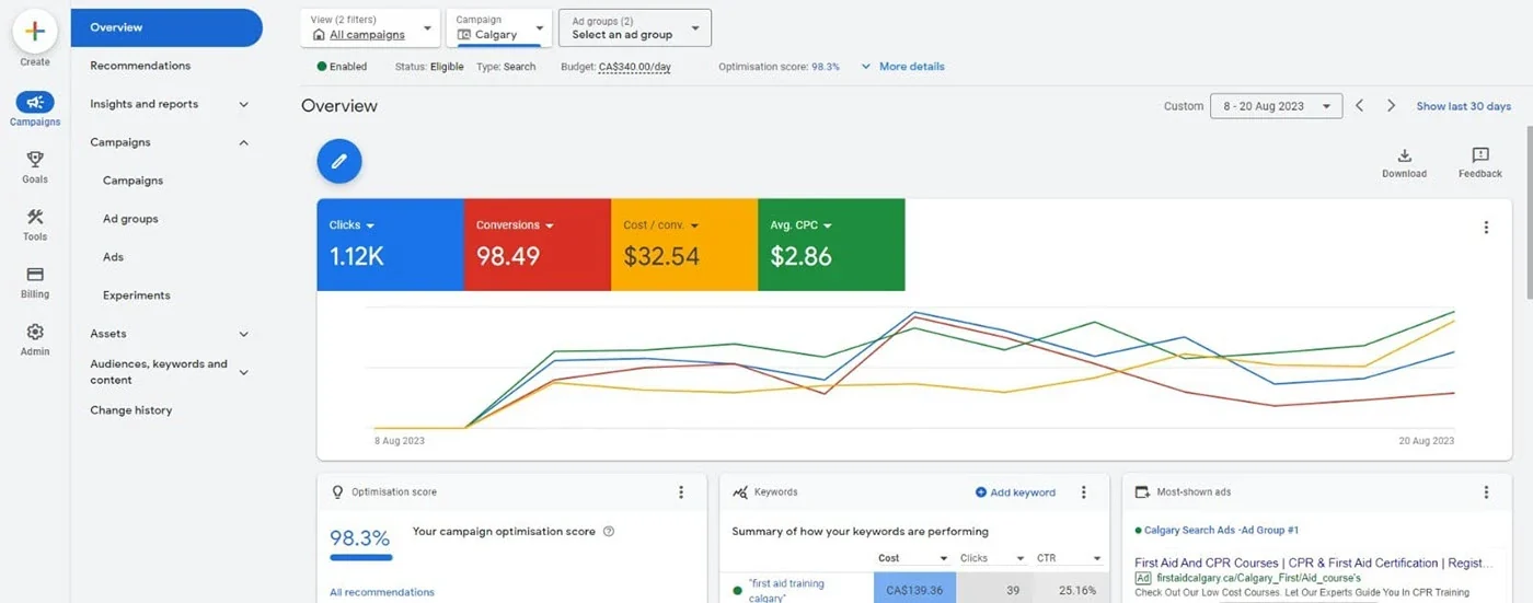 PPC Management — client Google Ads conversions dashboard
