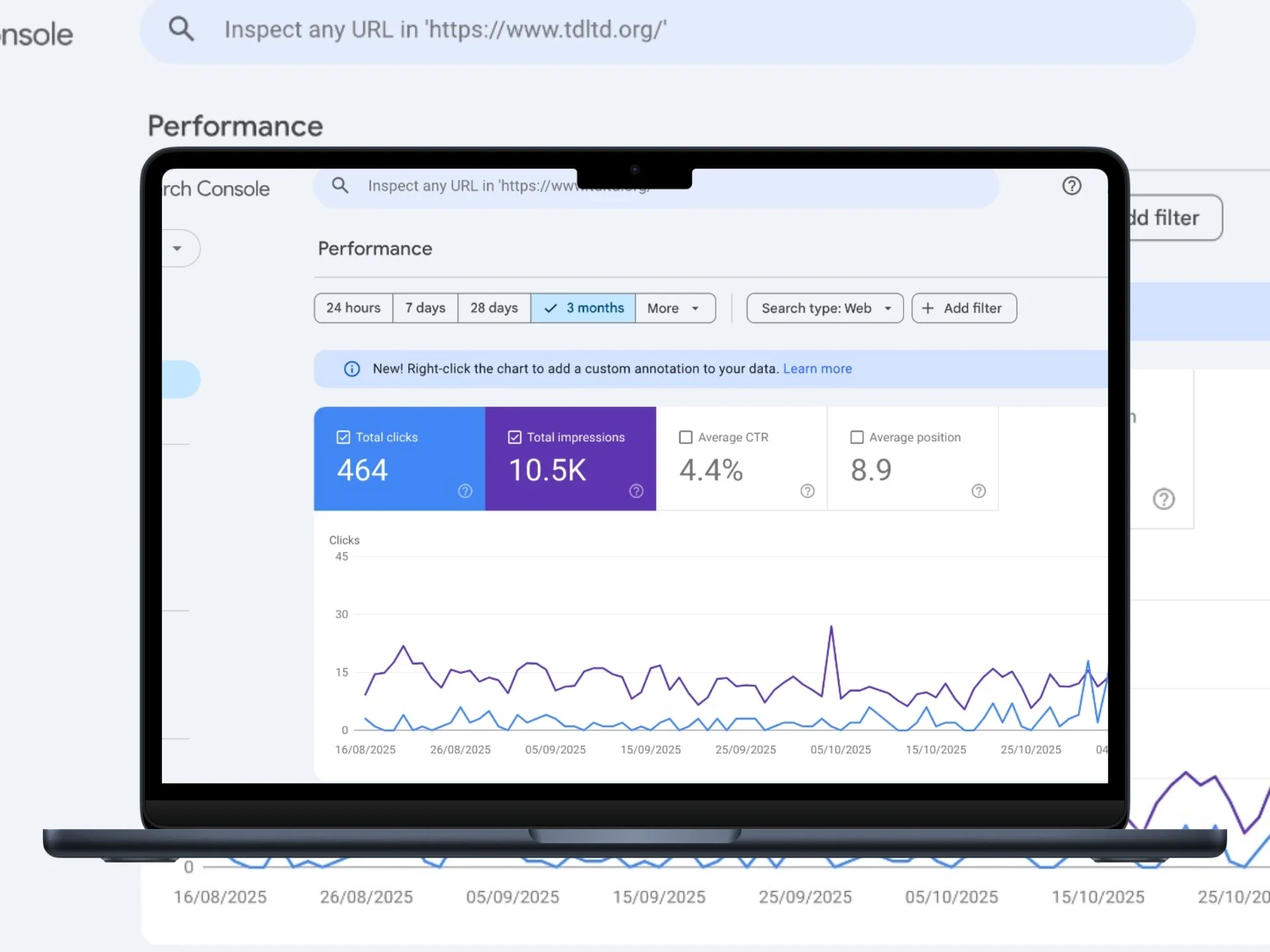 Client SEO dashboard on laptop β 464 clicks with 4.4% CTR and 8.9 average position